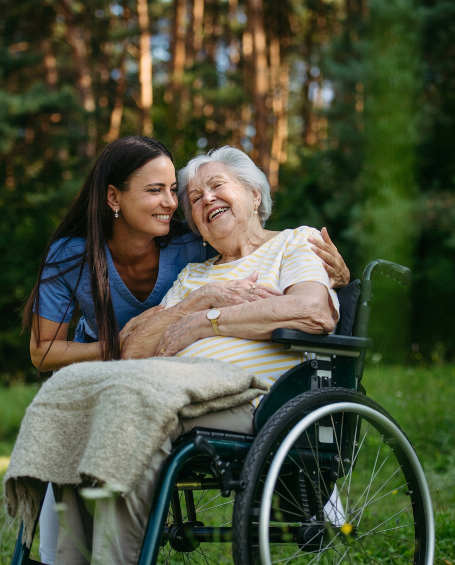 A caregiver embraces a smiling older woman in a wheelchair, outdoors in dappled light.