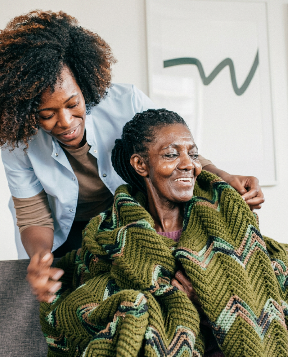 A caregiver and an older woman smile warmly at one another.